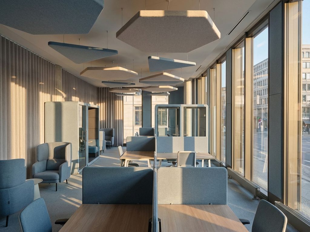 Modern kantoorruimte met akoestische plafond- en wandpanelen, ergonomisch meubilair en natuurlijke verlichting