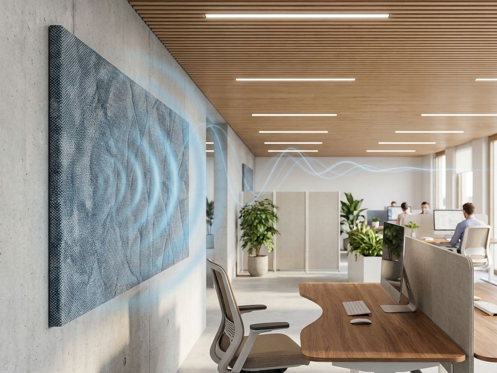 Doorsnede van modern kantoor met akoestische panelen die blauwe geluidsgolven absorberen, warme houten accenten