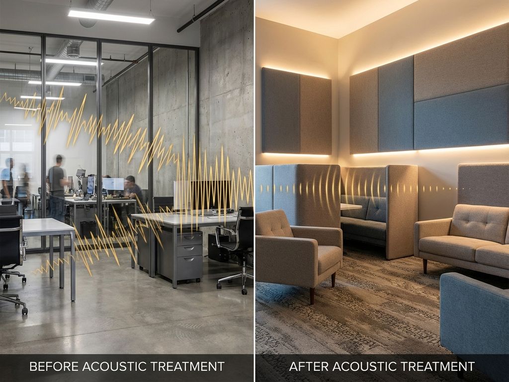 Kantoor voor-en-na vergelijking toont akoestische panelen en geluidsabsorberende materialen die echo verminderen