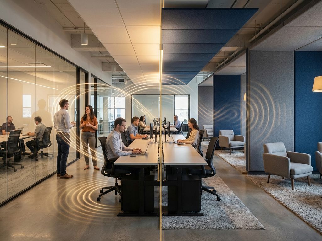 Vergelijking van kantoorruimte voor en na akoestische behandeling met geluidsgolven en absorptiematerialen