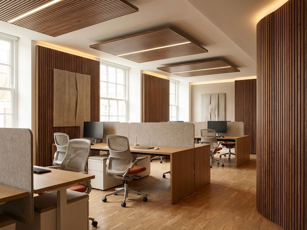 Moderne kantoorruimte met ge&iuml;ntegreerde akoestische panelen, ergonomische meubels en natuurlijke verlichting