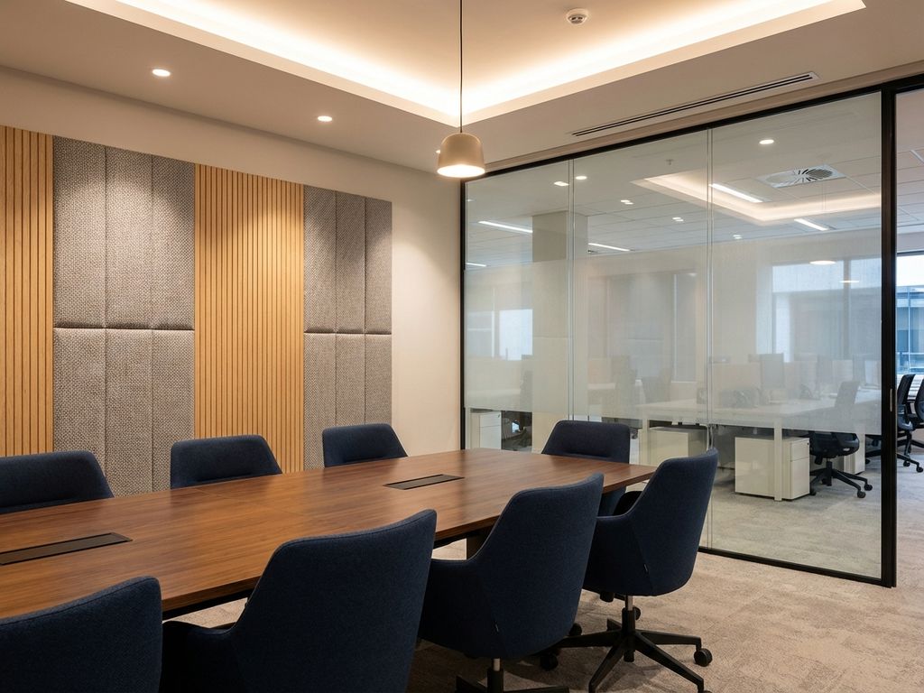 Moderne vergaderruimte met akoestische wandpanelen, glazen scheidingswand en ergonomische meubilair voor geluidsprivacy