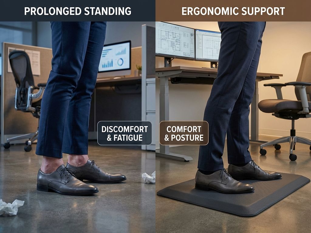 Vergelijking van benen op kantoorvloer versus ergonomische anti-vermoeidheidsmat in moderne werkplek