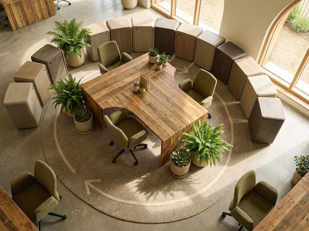 Bovenaanzicht moderne kantoorwerkplek met duurzame meubels van gerecyclede materialen en planten in cirkelvorm