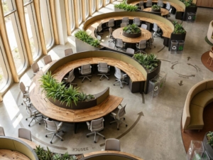 Moderne kantoorruimte met hergebruikte meubels in circulaire opstelling, groene planten en duurzame materialen van bovenaf