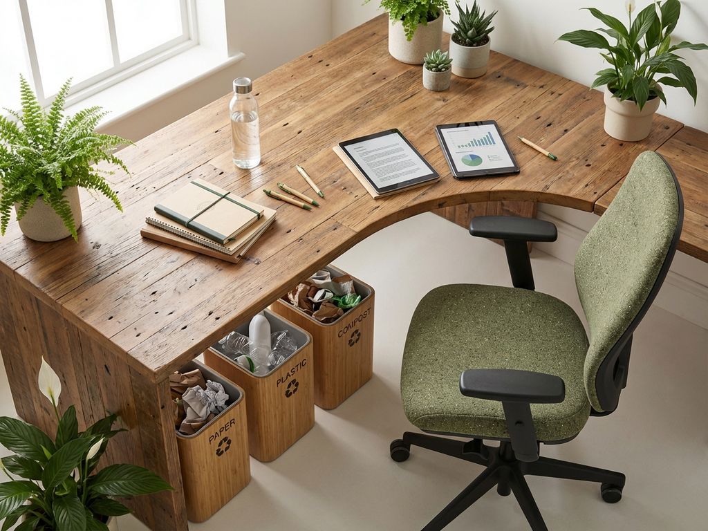 Bovenaanzicht van modern kantoorbureau met duurzaam meubilair, gerecyclede materialen en groene planten