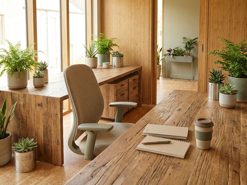 Modern kantoor met houten bureau van gerecycled hout, ergonomische stoel en duurzame bamboe panelen in natuurlijk licht.
