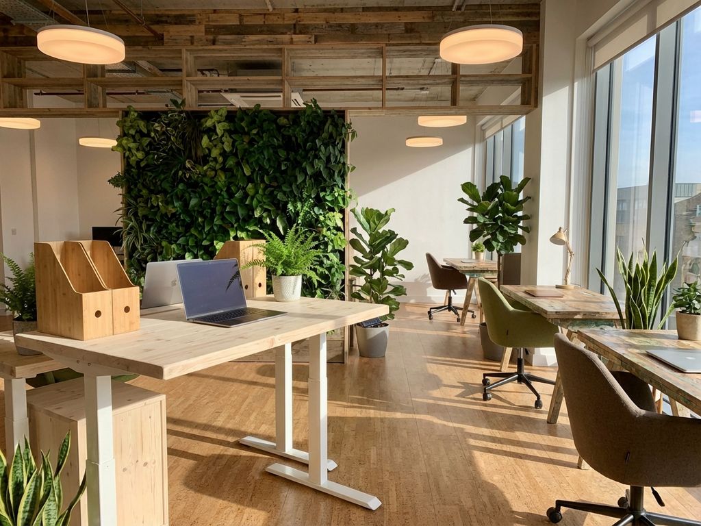 Moderne kantoorinrichting met duurzame elementen: houten meubilair, groene wanden en bamboe accessoires in natuurlijk licht.