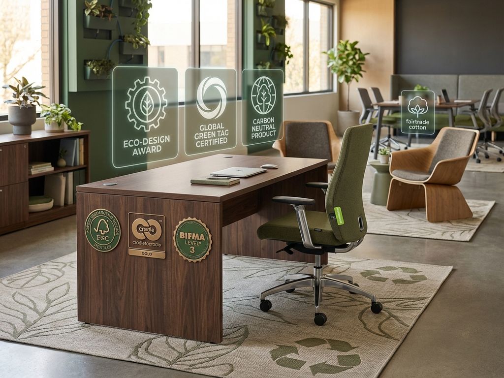 Duurzaam kantoormeubilair met houten bureaus, ergonomische stoelen en milieucertificaten in professionele kantooromgeving