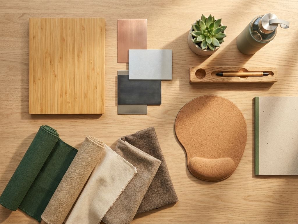 Bovenaanzicht van moderne kantoorwerkplek met duurzame materiaalstalen zoals bamboe, gerecycled metaal en eco-stoffen