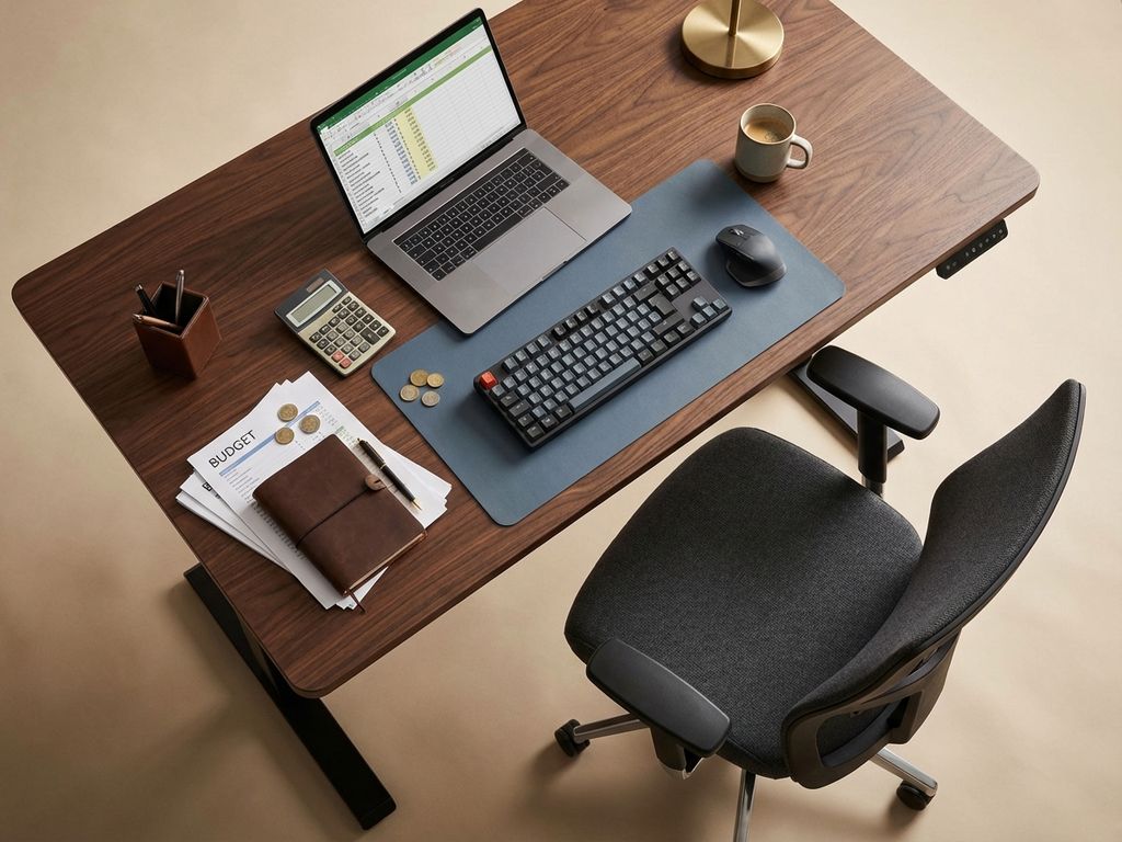 Moderne ergonomische bureauopstelling met sta-zit bureau, calculator en kostenberekening voor kantoorinrichting