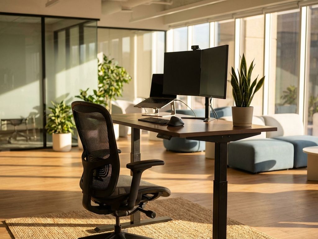 Ergonomische zit-sta bureau met premium bureaustoel in moderne kantoorruimte met natuurlijk licht en groene planten