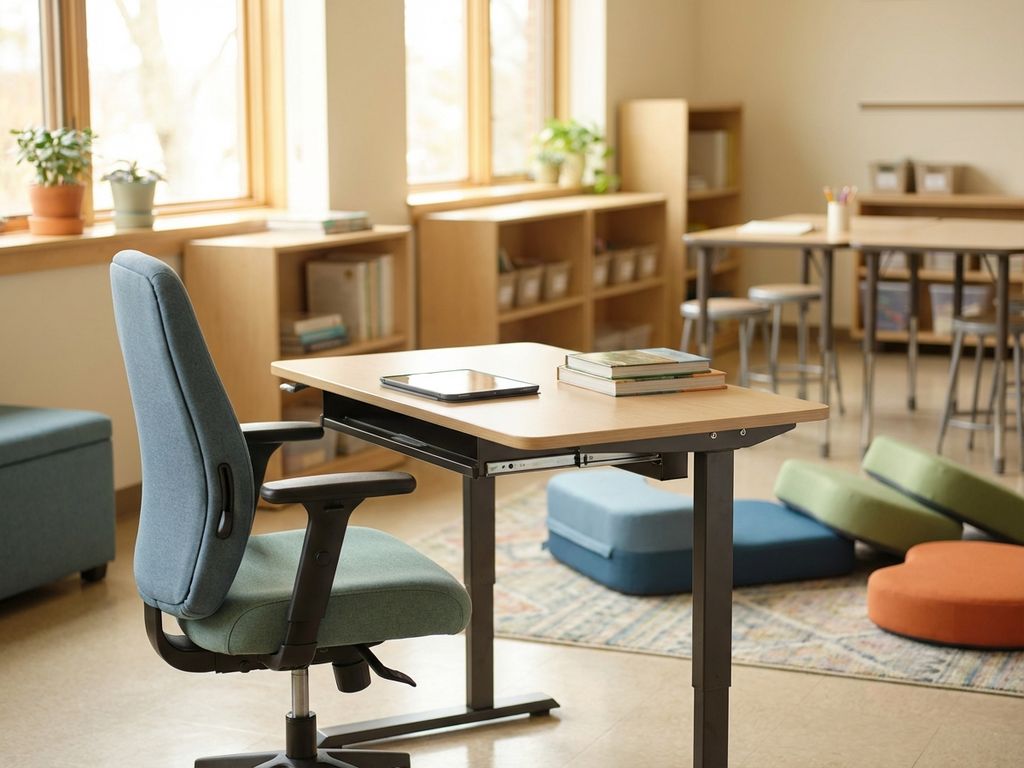Ergonomische schoolmeubilair in moderne klaslokaal met verstelbaar bureau, kleurrijke stoel en natuurlijke verlichting