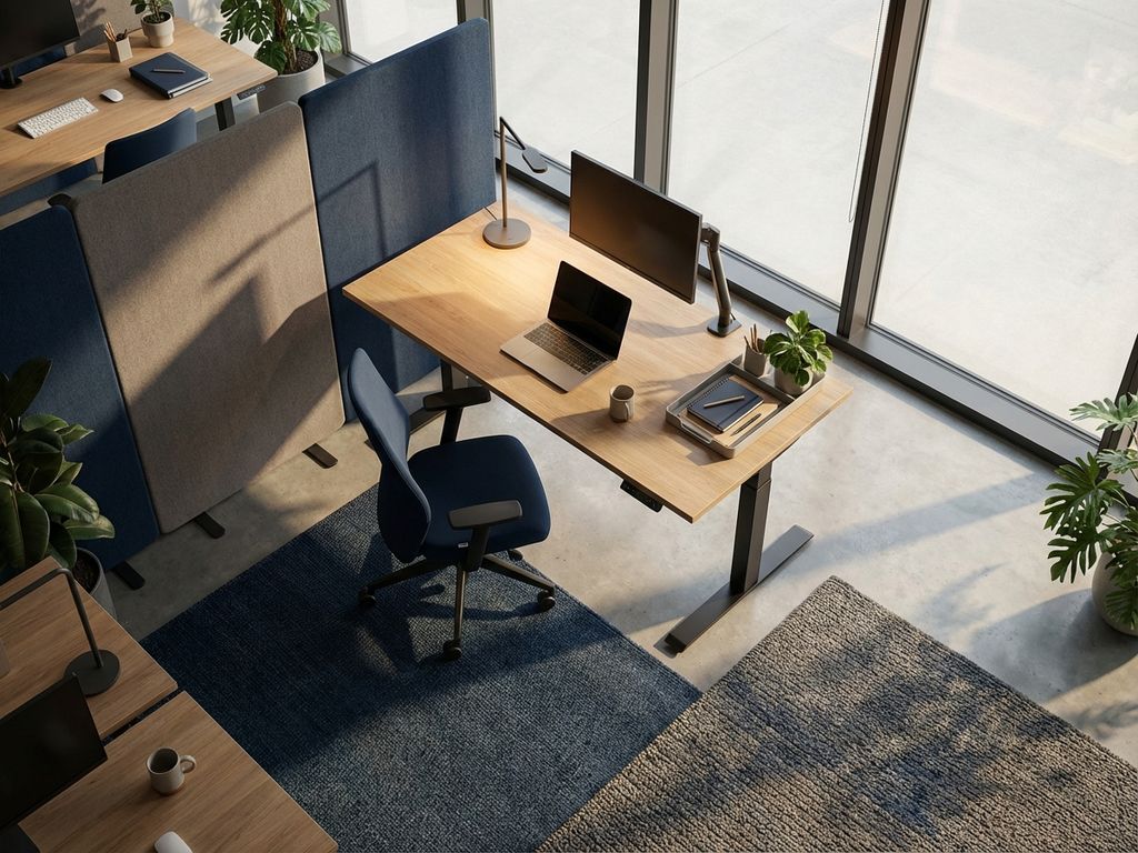 Moderne ergonomische werkplek met verstelbaar bureau bij raam, natuurlijk licht en akoestische panelen voor concentratie