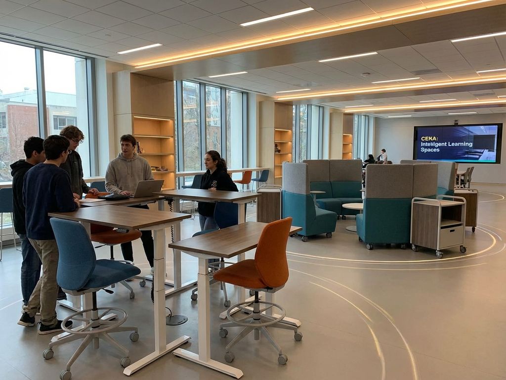 Moderne flexibele leeromgeving met in hoogte verstelbare bureaus, modulaire stoelen en mobiele opbergkasten op wielen