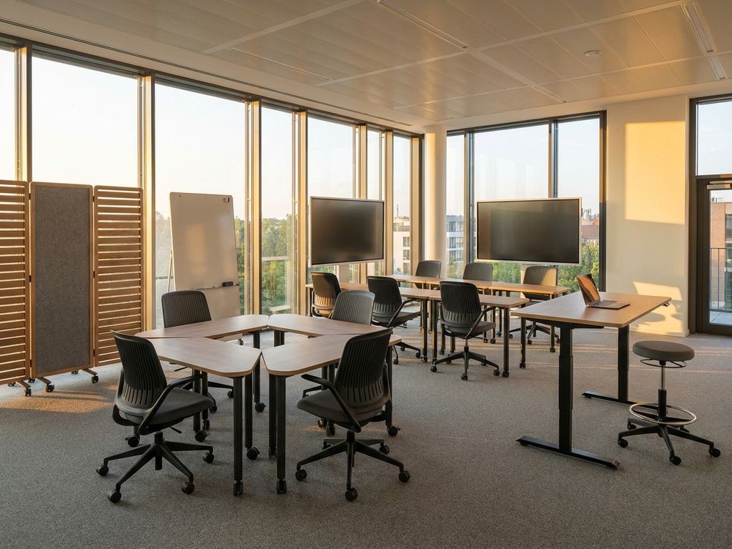 Moderne flexibele vergaderruimte met modulair meubilair, verstelbare tafels en stoelen in verschillende opstellingen