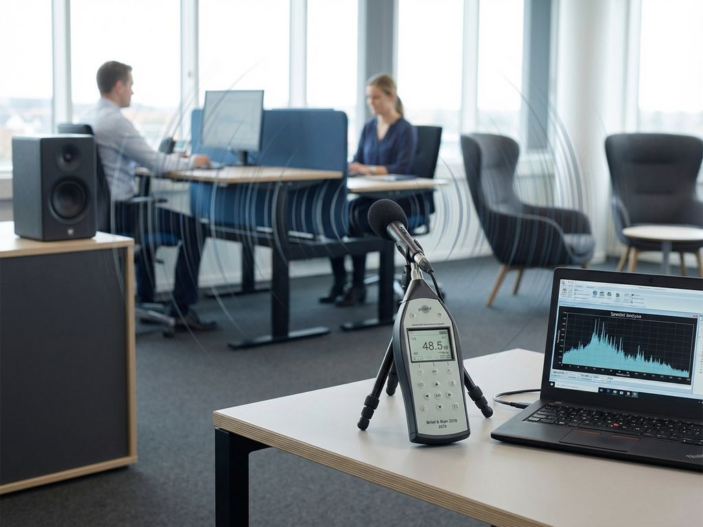 Geluidsniveaumeter op modern bureau in hedendaagse kantoorruimte met ergonomische meubels en natuurlijk licht