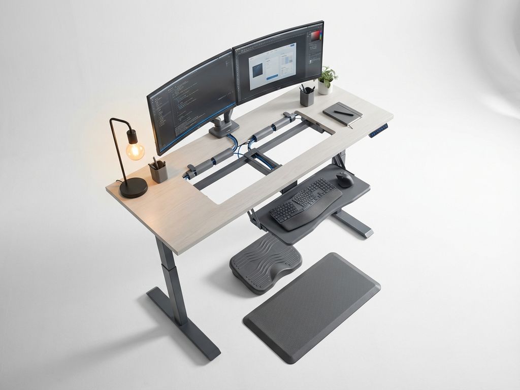 Moderne hoogte-verstelbaar bureau in overgang met ergonomische accessoires, dual monitors en kabelmanagement