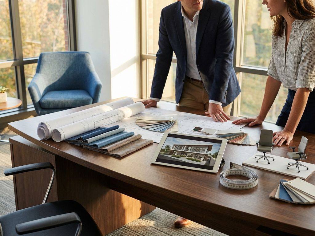 Moderne kantoor interieurconsultatie met blauwdrukken, kleurenstalen en 3D-renderings op tablet bij houten bureau