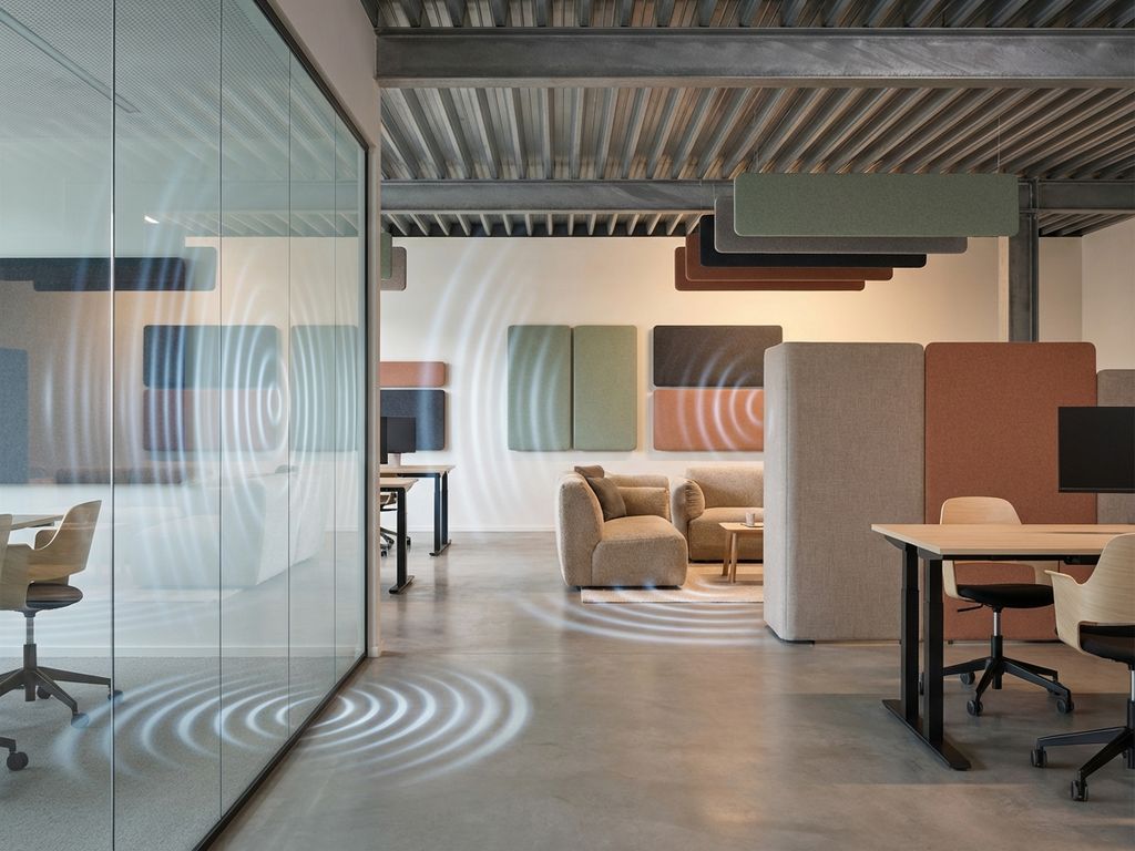 Moderne kantoorruimte met akoestische panelen en geluidsgolven die weerkaatsen van harde oppervlakken zoals glas en beton.