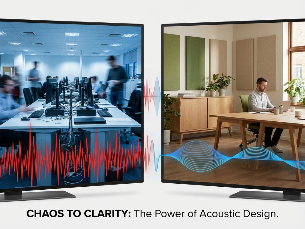 Kantooromgevingen vergelijking: chaotische werkplek met felle verlichting versus rustige ruimte met akoestische panelen