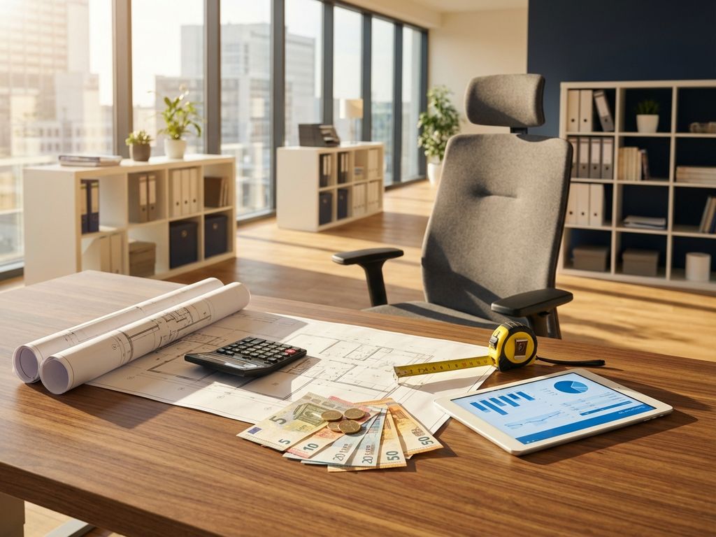 Modern kantoor met architecturale blauwdrukken, rekenmachine, eurobiljetten en budgetgrafiek op tablet voor financi&euml;le planning