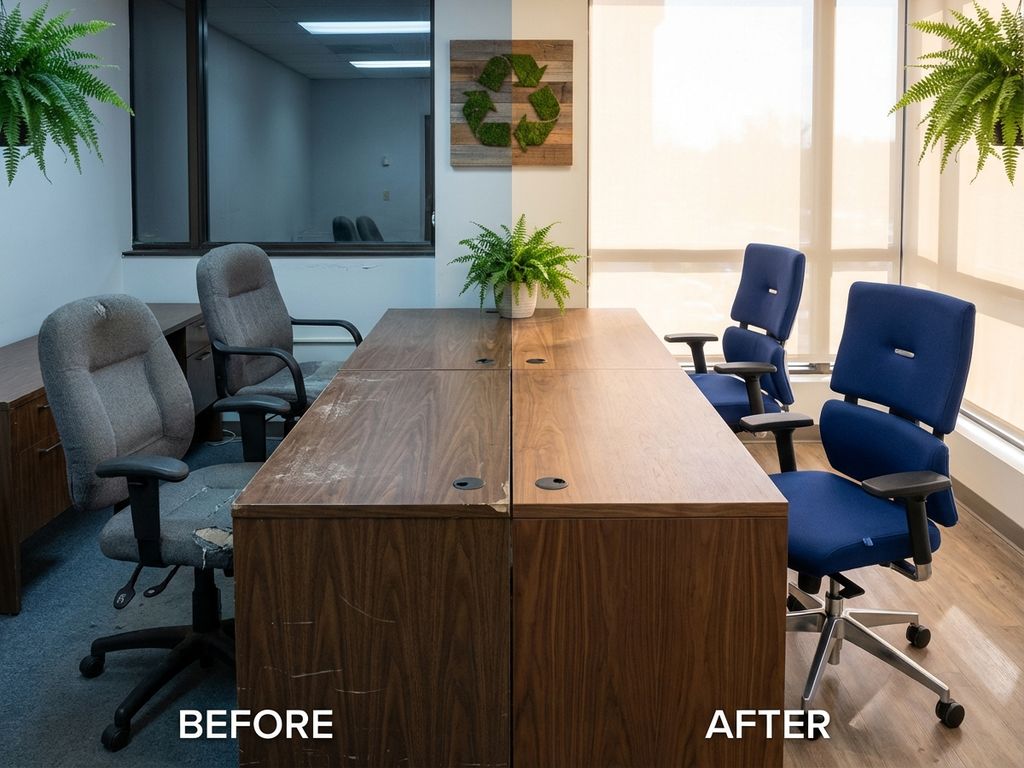 Kantoormeubels voor en na restauratie: versleten stoelen en bureaus links, gerestaureerde meubels in blauw en hout rechts