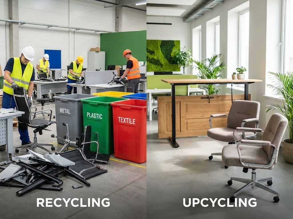 Kantoormeubels recycling versus upcycling: links demontage in bakken, rechts creatieve hergebruik als moderne werkplek