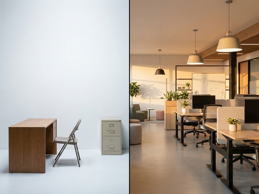 Gesplitst kantoorbeeld: links eenvoudige losse meubels, rechts ge&iuml;ntegreerde moderne werkruimte met ergonomische bureaus