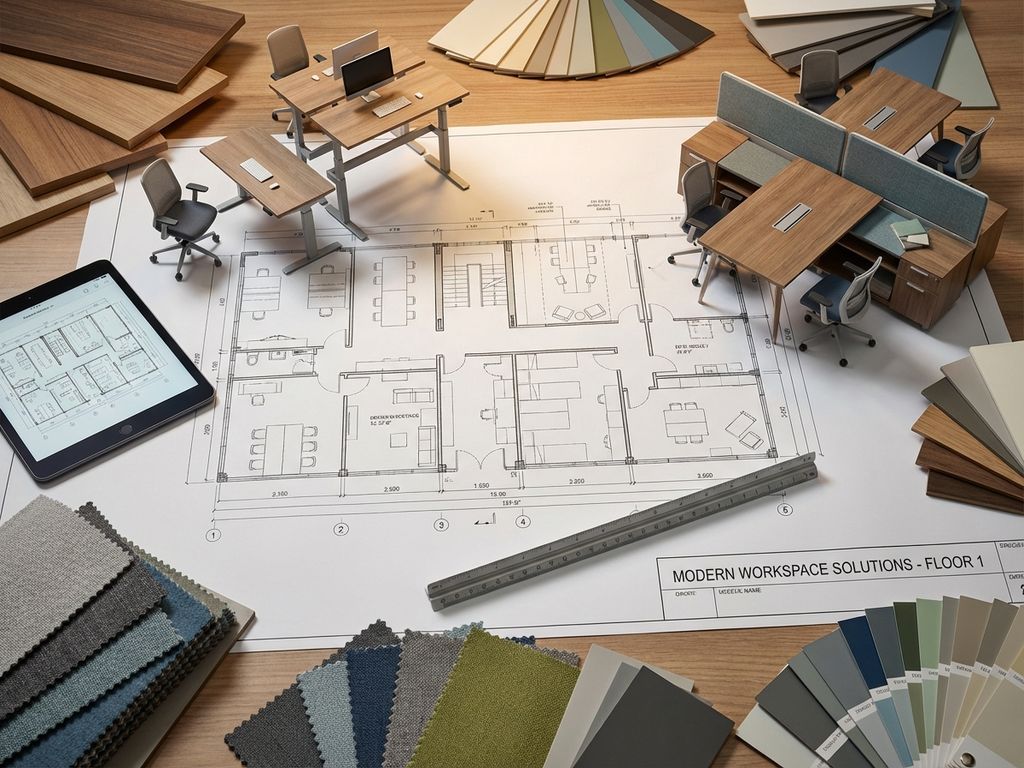 Kantoorplattegrond met 3D meubelmodellen, materiaalstalen en tablet voor moderne werkplek inrichting