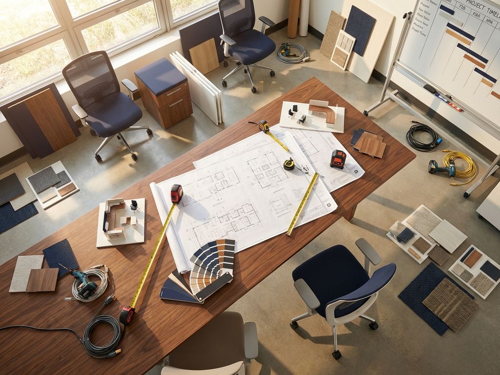 Bovenaanzicht van modern kantoor in transformatie met blauwdrukken, meetgereedschap en meubelmodellen op houten tafel