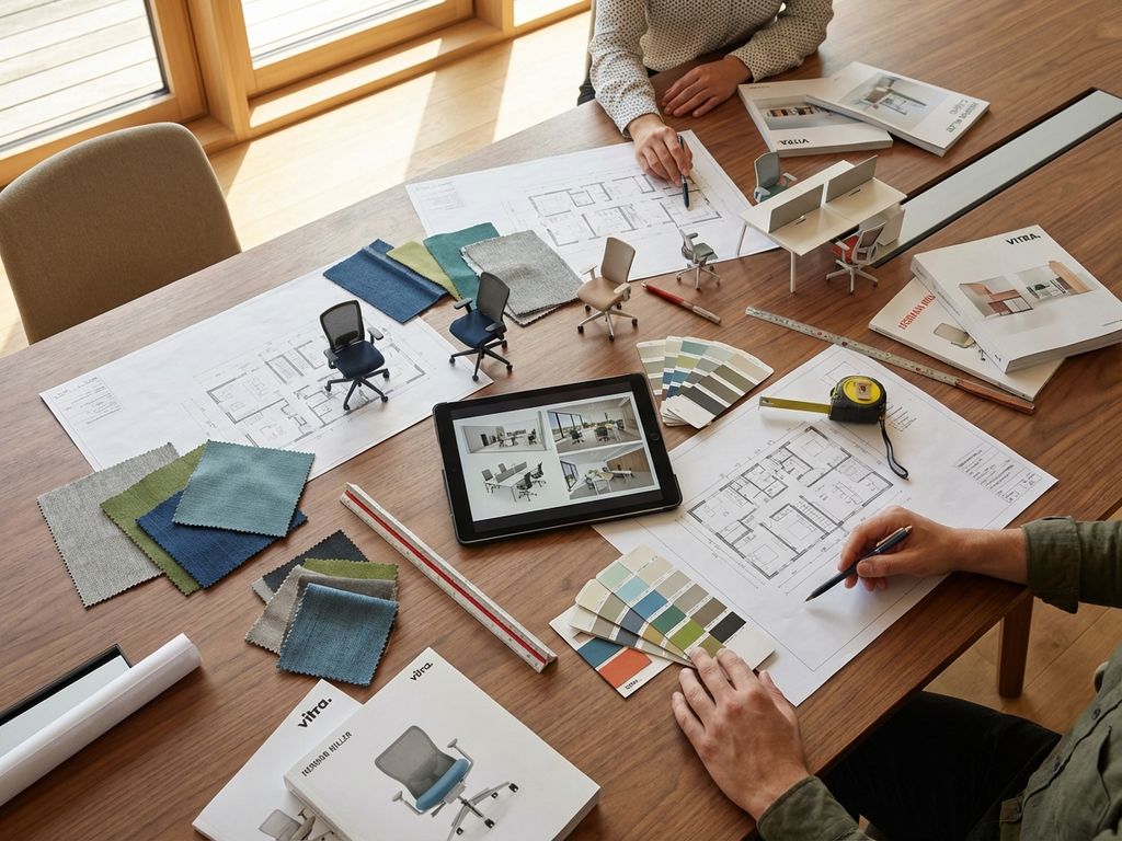 Bovenaanzicht van moderne kantoorinrichting planningssessie met blauwdrukken, meubelmodellen en tablet op houten tafel