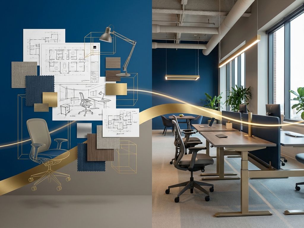 Moderne kantoorontwerp splitscherm: blauwdrukken en schetsen links, afgewerkte werkruimte met zit-sta bureaus rechts