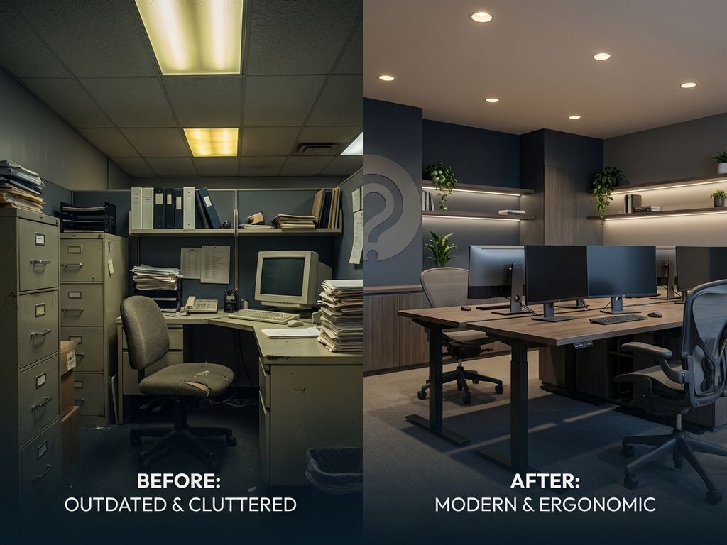 Split-screen kantoorvergelijking: rommelige verouderde werkplek links versus moderne ergonomische werkruimte rechts