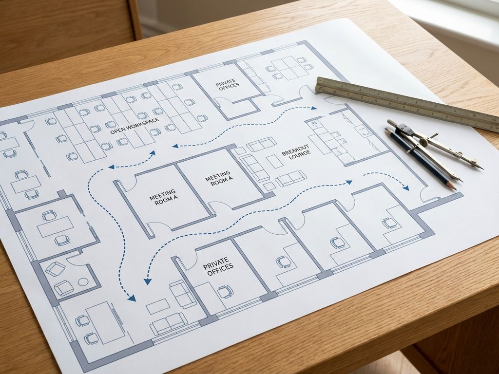 Kantoorplattegrond blauwdruk op houten bureau met pijlen die werkzones, vergaderruimtes en gemeenschappelijke ruimtes verbinden