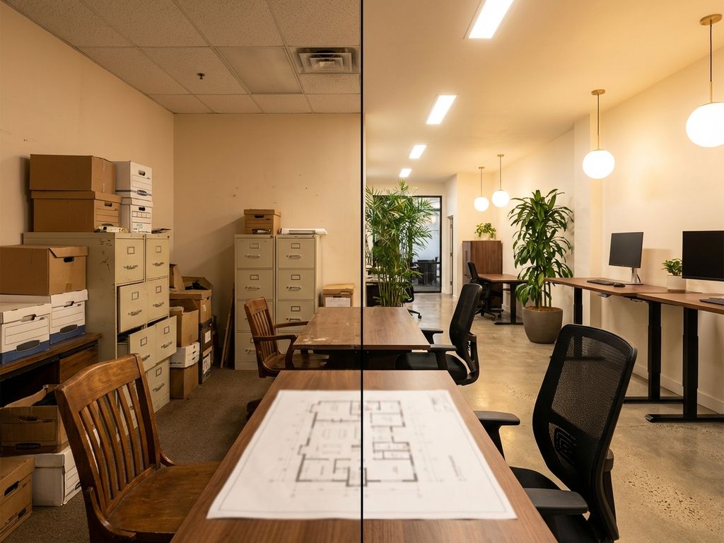 Kantoor renovatie voor en na: lege ruimte met dozen links, moderne werkplek met ergonomische stoelen en bureaus rechts