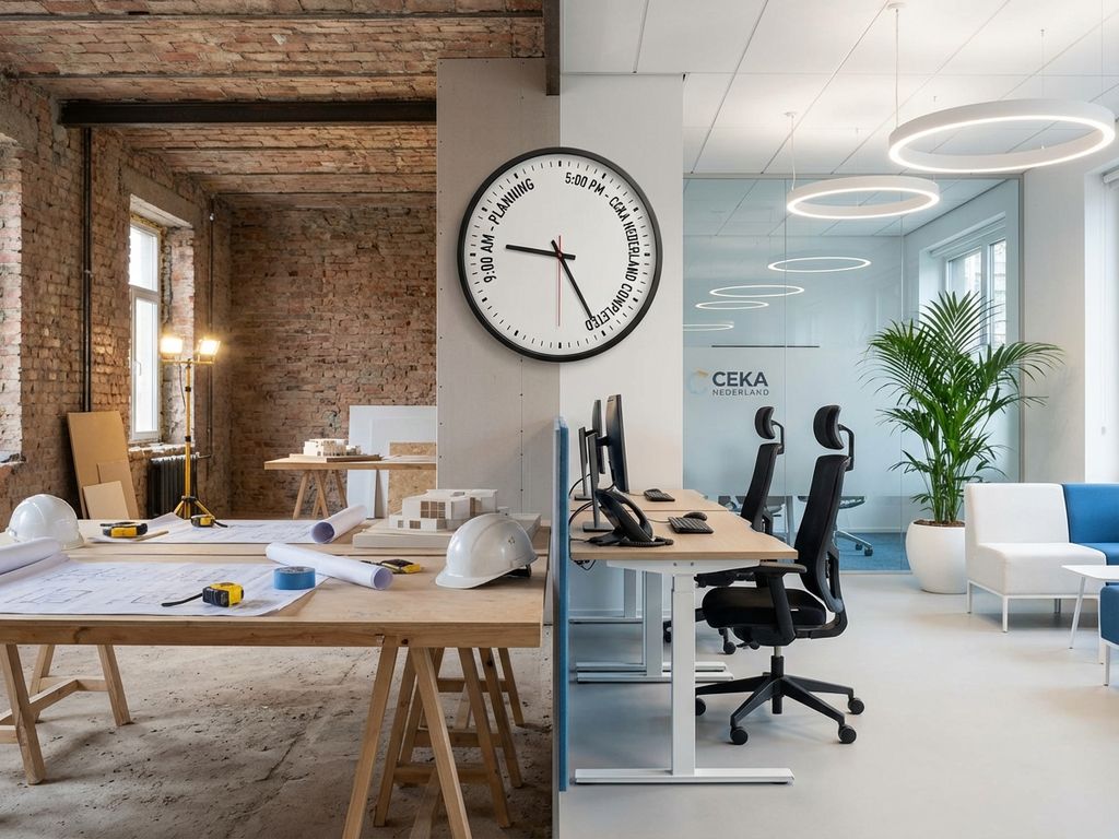 Kantoor transformatie van lege ruimte met blauwdrukken naar moderne werkplek met ergonomische meubels en sta-zit bureaus