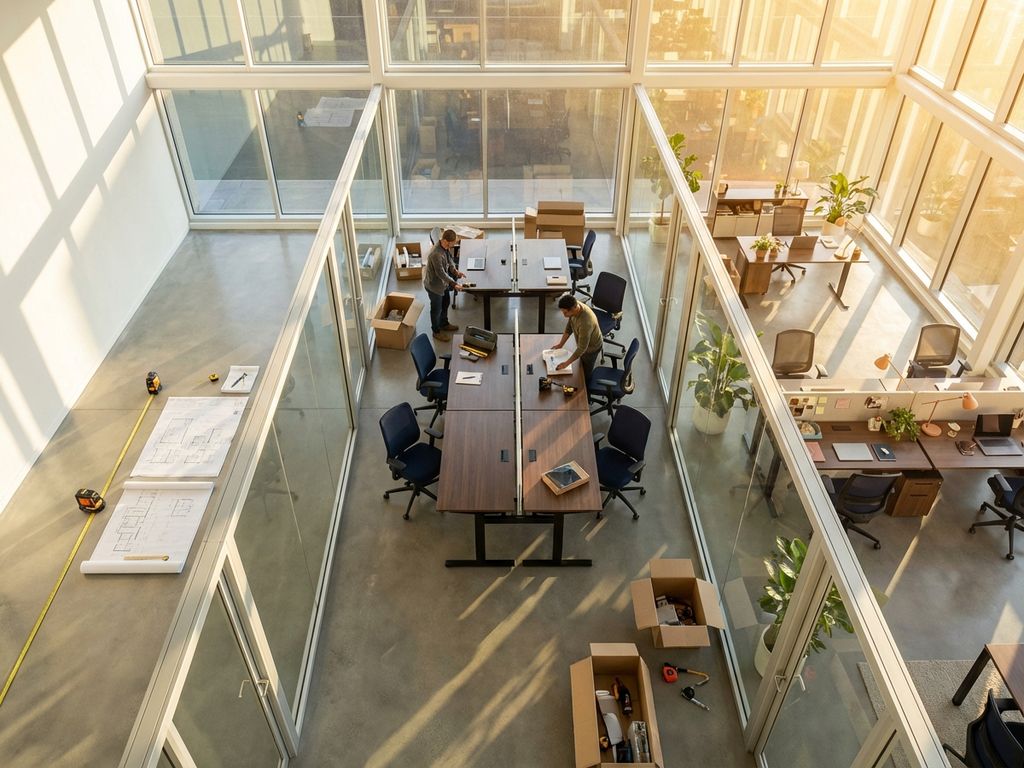 Luchtfoto van moderne kantoorruimte in drie fasen: blauwdrukken, meubelplaatsing en voltooide werkplek met natuurlijk licht
