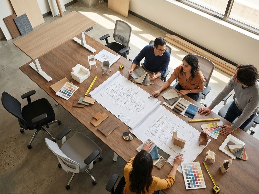 Kantoormedewerkers plannen werkplek herinrichting rond tafel met blauwdrukken, meubelstalen en kleurstalen