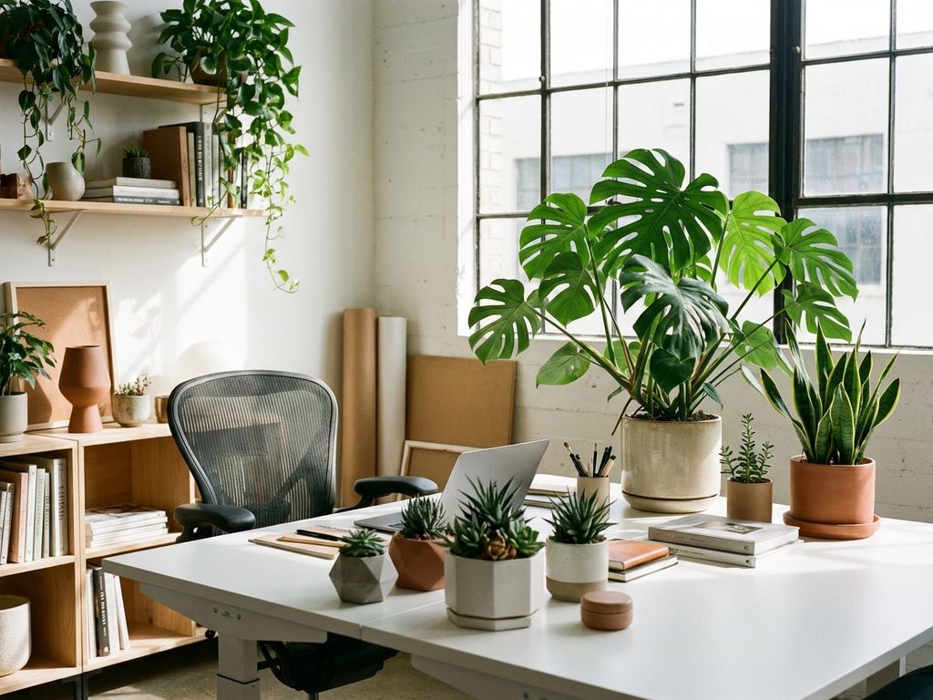 Moderne kantoorwerkplek met groene planten, ergonomische stoel en wit bureau bij groot raam met natuurlijk licht