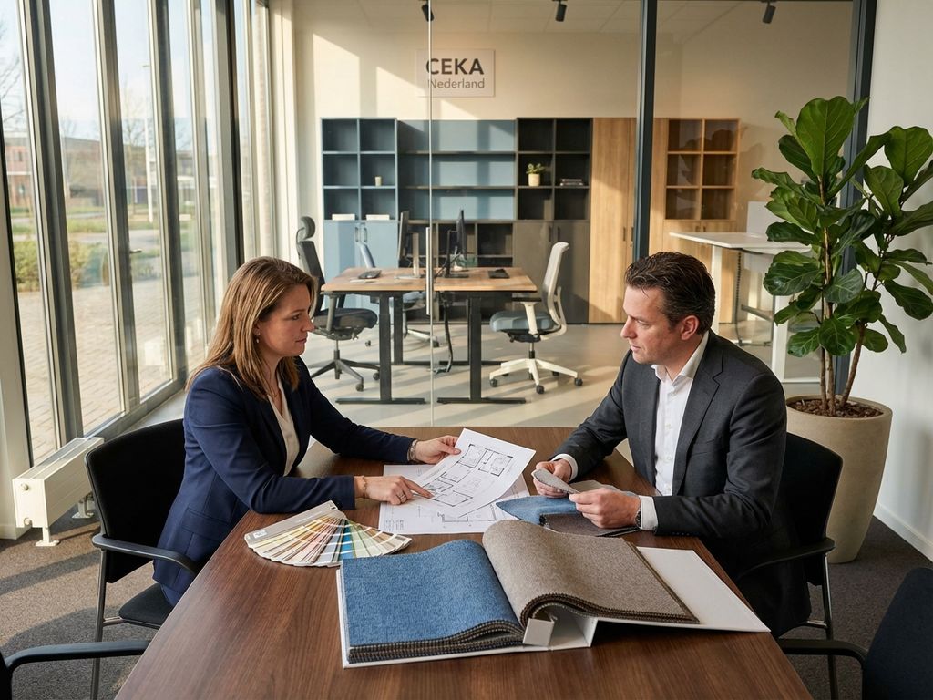 Interieurdesign consultant bespreekt plannen met klant aan moderne vergadertafel met staalkaarten en ergonomische kantoormeubilair