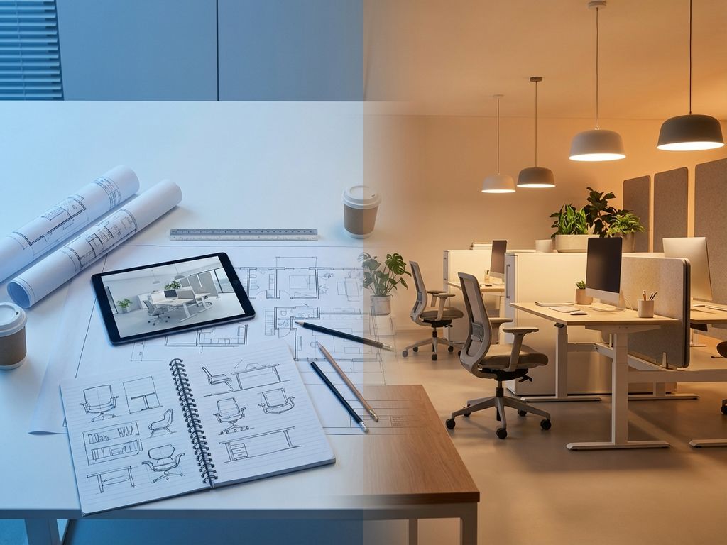 Kantoormeubel installatie proces: blauwdrukken en schetsen links, afgewerkte moderne werkruimte met ergonomische meubilair rechts