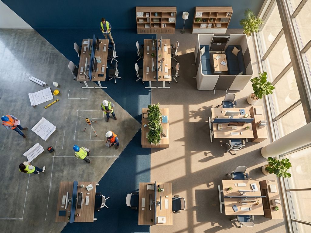 Luchtfoto van kantoorruimte tijdens herinrichting: links lege ruimte met blauwdrukken, rechts moderne werkplek met zit-sta bureaus