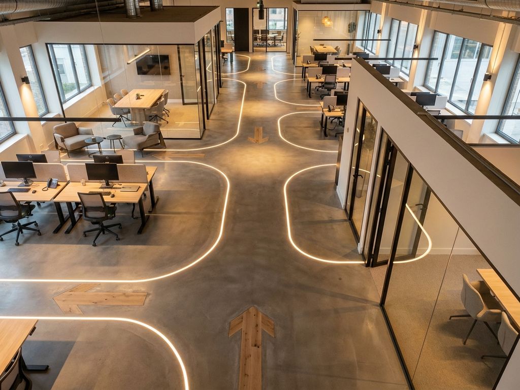 Bovenaanzicht moderne kantoorplattegrond met LED-verlichte looppaden tussen werkplekken en vergaderruimtes