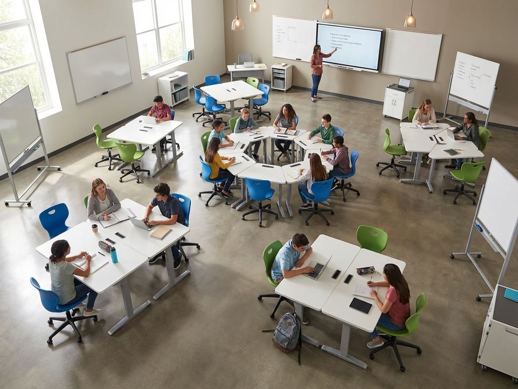 Moderne collaboratieve leerruimte met modulair meubilair, kleurrijke stoelen en in hoogte verstelbare tafels