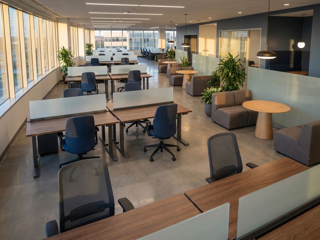 Luchtfoto van moderne kantoorruimte met ergonomisch meubilair, zit-sta bureaus en natuurlijk licht door grote ramen