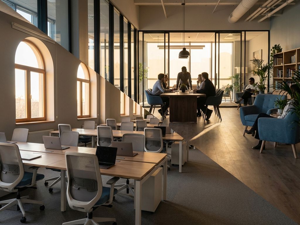 Moderne kantooromgeving met lege bureaus links en levendige samenwerkingsruimtes rechts, natuurlijk licht door ramen