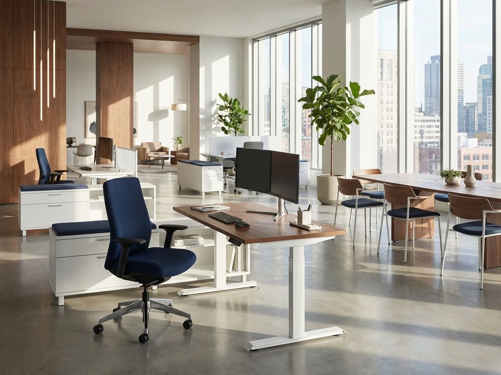 Moderne kantoormeubelshowroom met ergonomische bureaustoelen, zit-sta bureaus en eigentijdse werkstations in natuurlijk licht