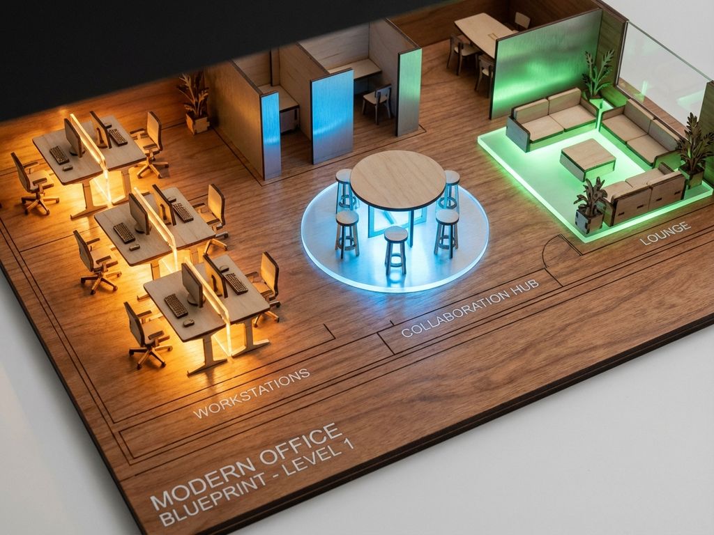 3D kantoorplattegrond met kleurgecodeerde zones: amber werkplekken, blauwe vergaderruimte, groene loungehoek