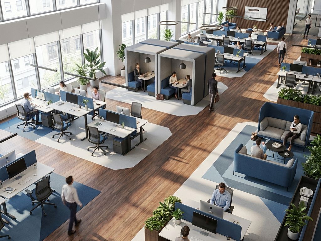 Vogelvluchtperspectief van moderne open kantoorvloer met ergonomische werkplekken, vergaderruimtes en natuurlijk licht